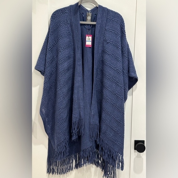 Vince Camuto Indigo Blue Textured Knit Kimono Topper Fringe Hem Boho Chic Wrap - Picture 4 of 13